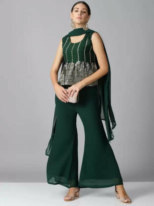 Ethnic Desire Women Green Embroidered Georgette Top And Palazzo Set