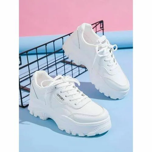 Shoeopia Lace-up Detail White Chunky Sneakers For Women & Girls