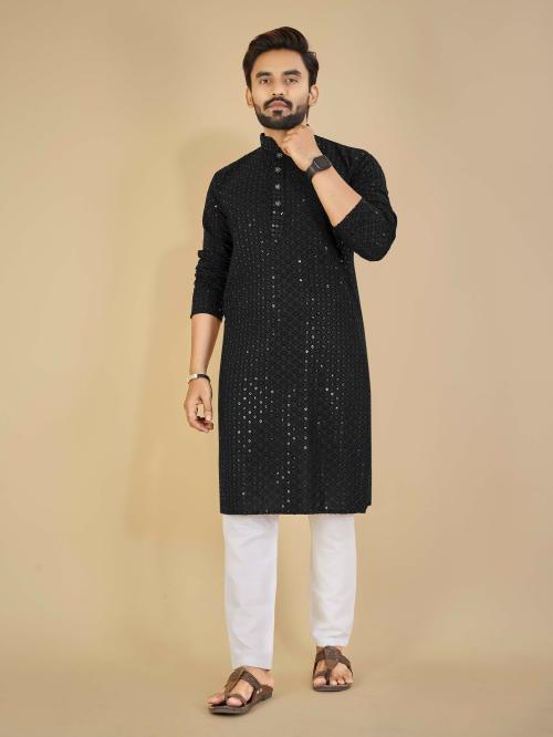 Buy Plusifye Men Black Embroidered Cotton Rayon Kurta And Pant Set (L) Online at Best Prices in