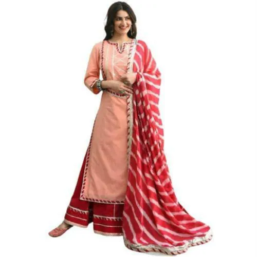 FEMEZONE Women Peach Cotton Kurti Skirt with Dupatta Set - L