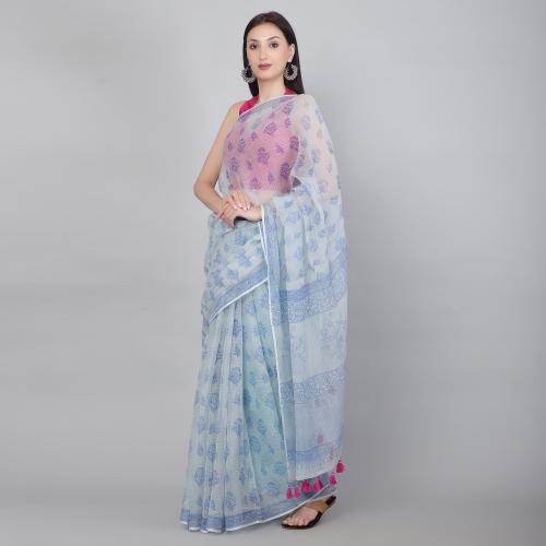 PALASH Grey Hand Block Printed Kotadoria Sandhya Saree With Blouse PAL.SAR.KOT.045