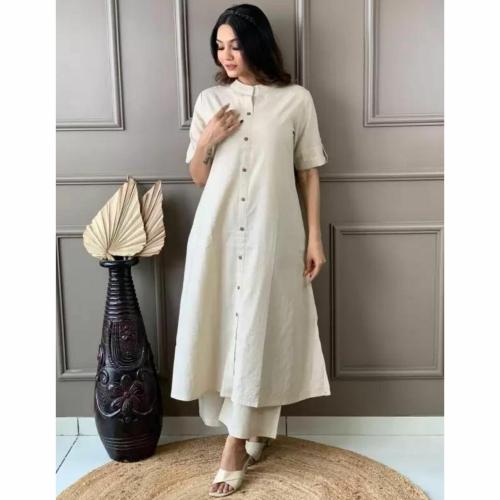 TANE BANE Womens Front-Open Plain Kurta Set Long Kurta with Matching Plazzo, Stylish and Comfortable Outfit for Casual, Formal, and Festive Wear | White | XL