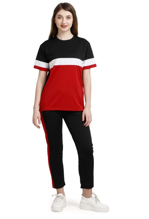 Master'Z Womens Colorblock Silk Top and Pyjama Set/ Night Dress Red L