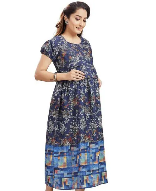 RITIJYA Maternitywear Printed Zipless Feeding Kurtis for Women | Maternity Dress for Nursing & Pregnancy (9228_42,Dreamy Blue)