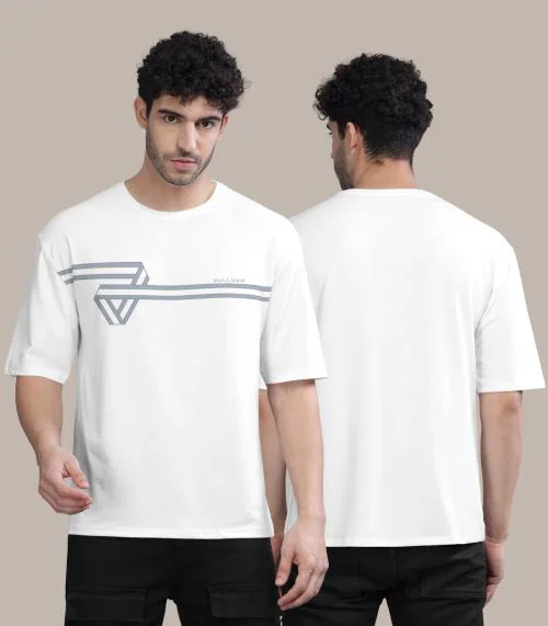 BULLMER Oversized White Melange Front Printed / Colourblock Baggy / Oversized Tshirt for Men