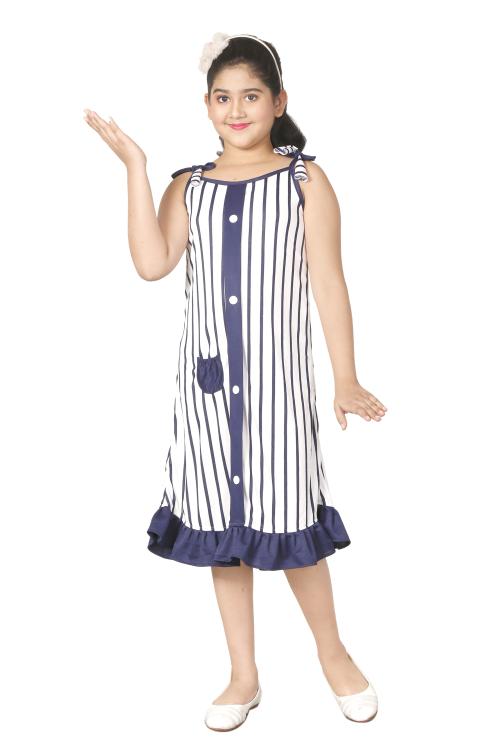 GUDWONE Kids Girls Cute Stylish White Striped Sleeveless Casual Frock and Dresses
