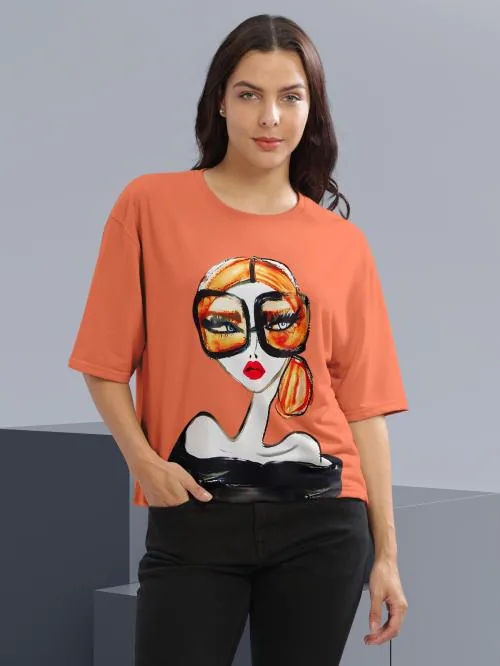 HELLCAT Orange Printed Loose Fit Crew-Neck Crop T-Shirt for Women