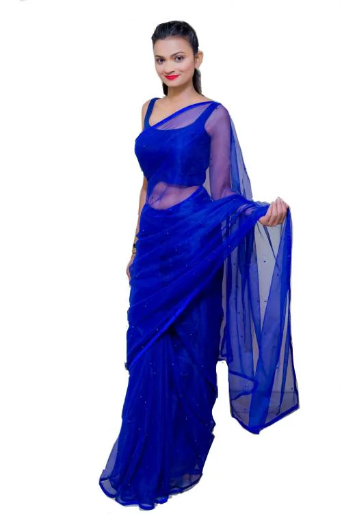 Wardrobe luxury by shreya women's royal blue net saree with pearl work