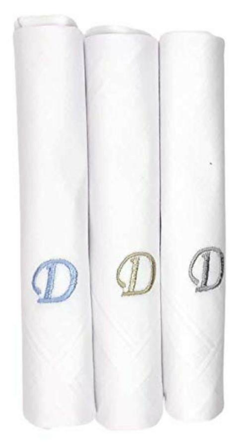 Concerto Men's Fine Cotton ( White / White ) Embroidered Initial Handkerchief ( Pack of 3 ) ( Size 48 cms * 48 cms ) - D - Gifts for Husbands, Valentine, Fathers and Sons on Birthdays, Anniversary Diwali and Christmas.