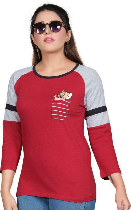 KEESOR Girls Maroon Color Block Cotton Blend T-Shirt - S