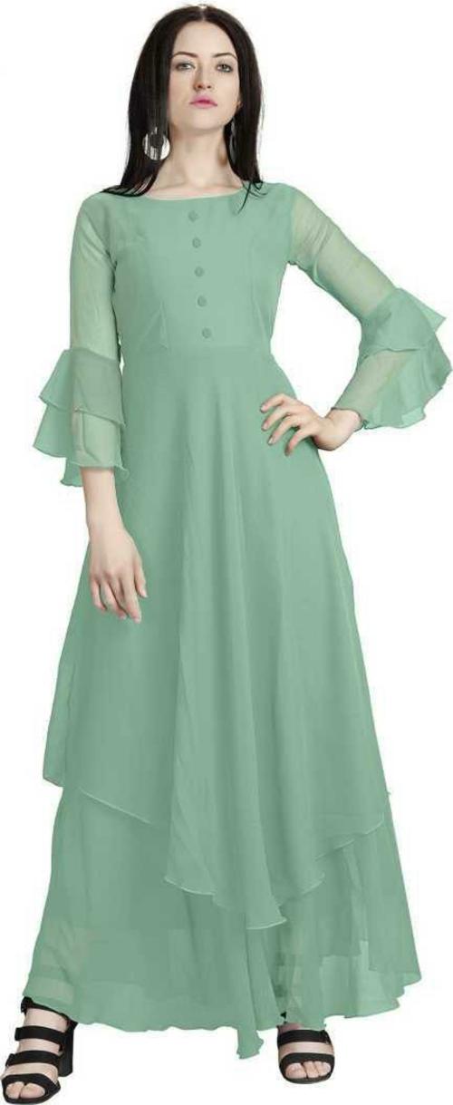 FEMVY Women Light Green Georgette Anarkali Gown Dress (XL)