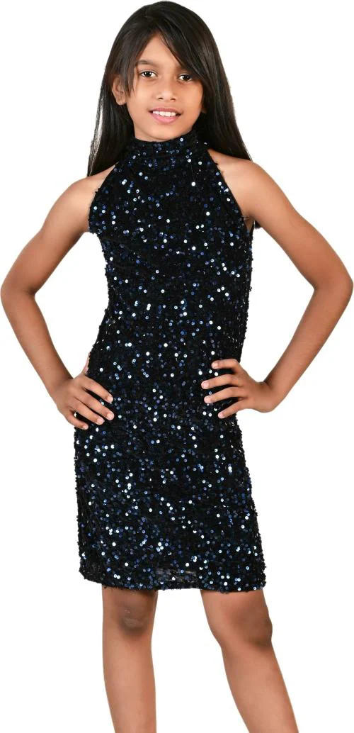 Buy Tiktok Fashion Girls Navy Blue Embellished Velvet Sheath Dresses (7