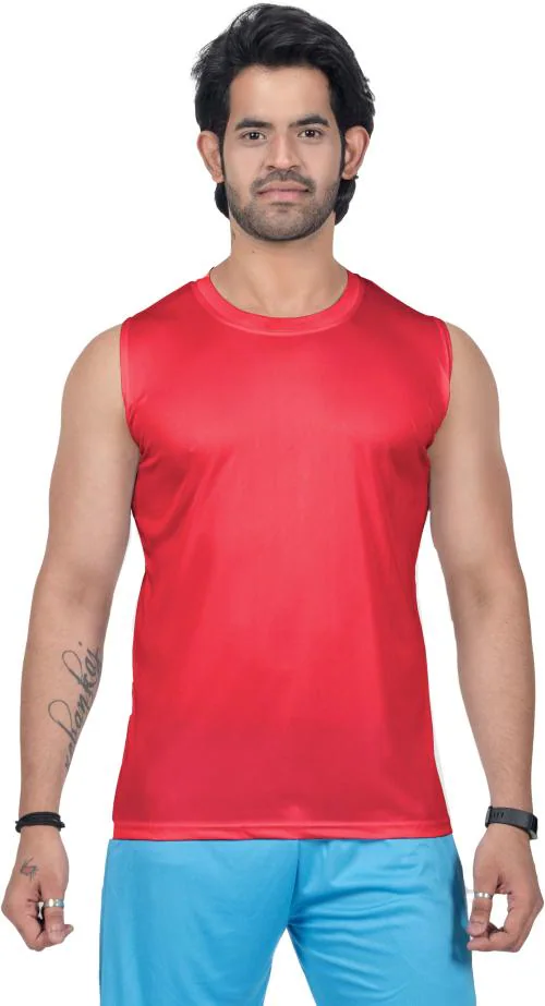PRIME PLUS Red Solid Polyester Round Neck Sando Vest - M