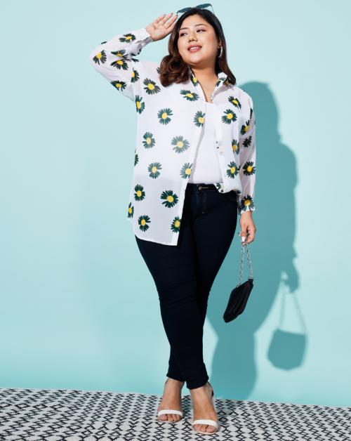 BuyNewTrend Curvy Georgette Floral Print Women Boxy Fit Plus Size Long Shirt | shirt | shirts | shirt for women | shirt | shirts | shirt for women