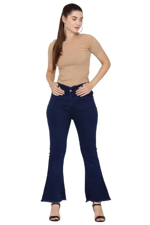 DEHLIZETRENDZ Womens Reguler High Waist Bell Bottom Jeans (Navy Blue _ 34 Size)