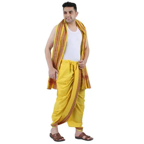 PRAKASAM COTTON Men's Panjakejam Yellow Ready made ( Ready to wear) dhoti towel set with pocket- Free Size