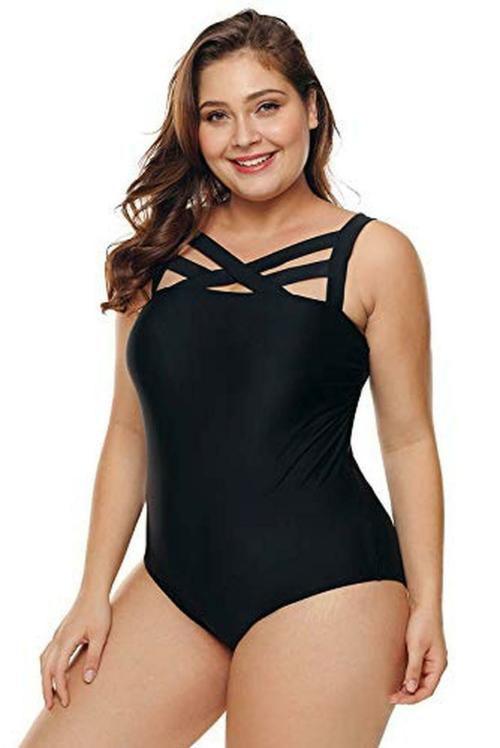 Plus Curvves Solid Black Hollow-Out Neck Plus Size Maillot Swimwear - 6XL