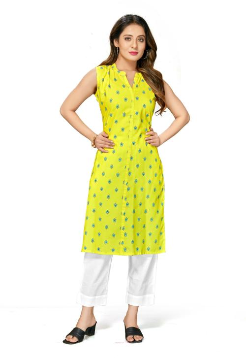 MISS MEERA Women Yellow Printed Cotton Blend Straight Kurta