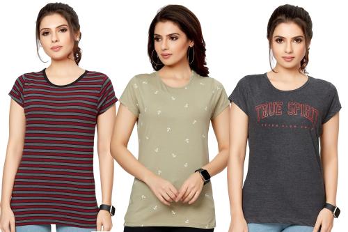 True Spirit Women Multicolor Printed Cotton Round Neck T-Shirt Pack of 3 (Xl)
