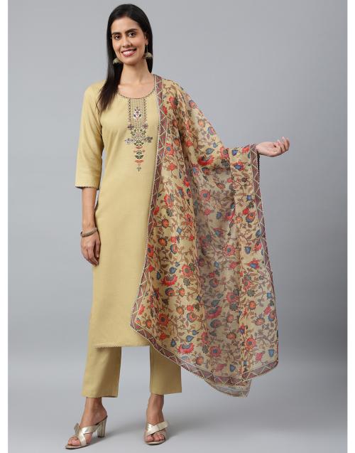 Shubhisha Fashion Women's Cotton Blend Beige Kurta & Pant With Dupatta XXL