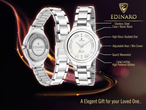 Edinaro Analogue Round Studed Dial with Silver Bracelet Strap Girl's & Women's Wrist Watch -(ED-2008W)