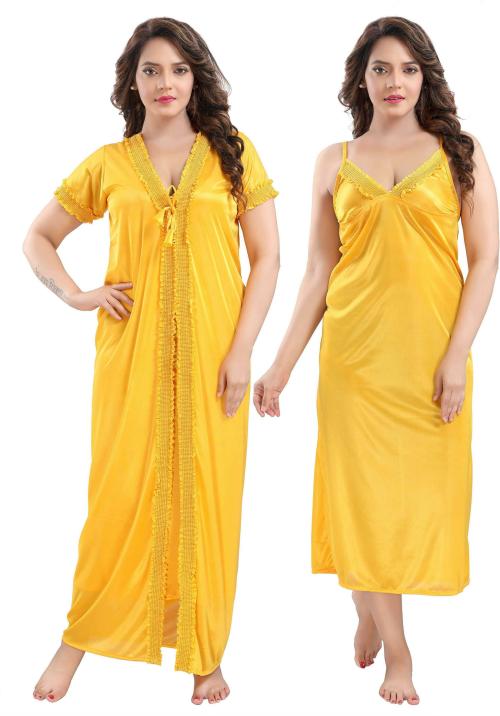 Ultraviolet Women Yellow Solid Satin Nighty