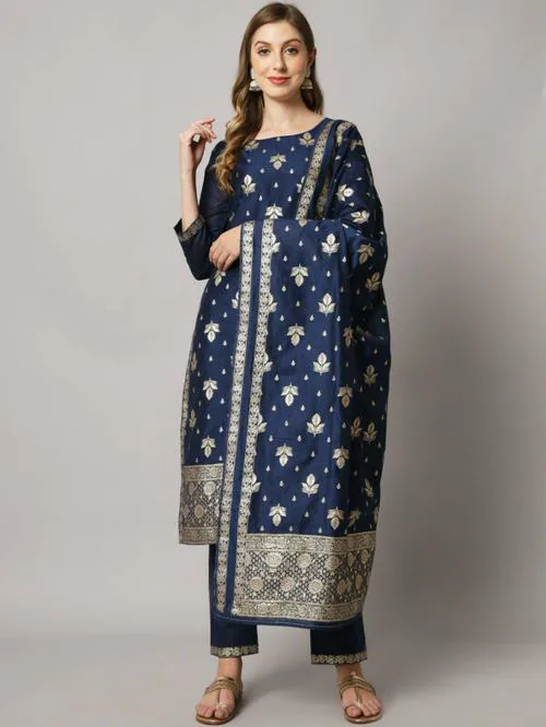 Sun Fashion And Lifestyle Women Dark Blue Self Design Jacquard Kurta, Pant And Dupatta Set (Xxl)