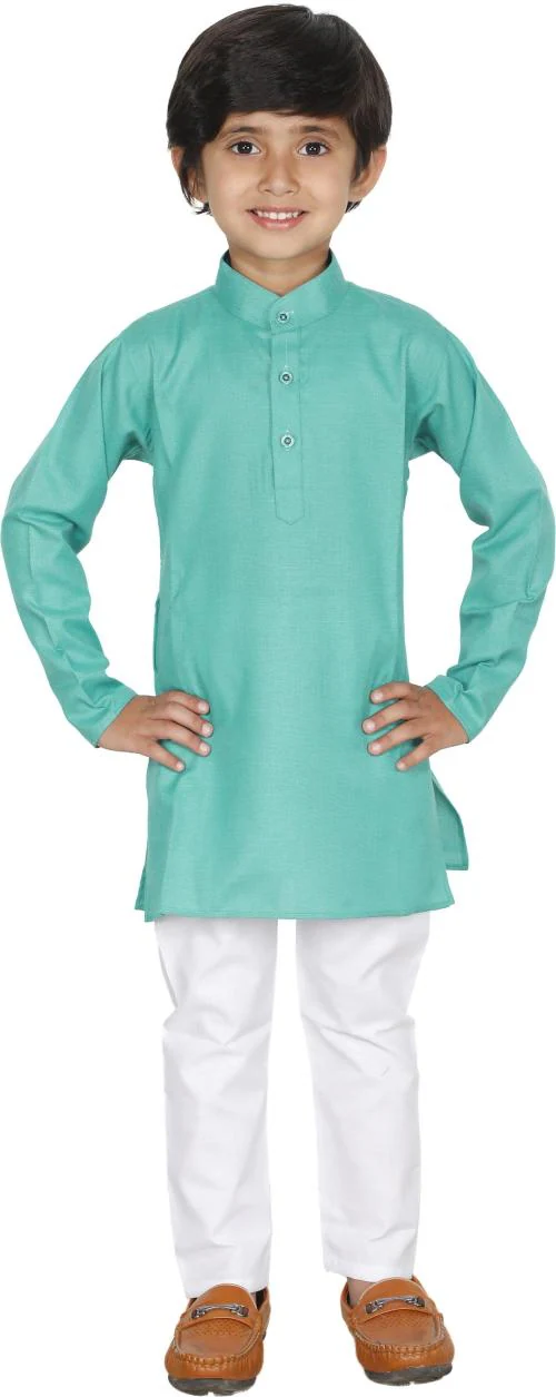 Dkgf Fashion Boys Green Self Design Cotton Blend Pack of 2 Cotton Blend Ethnic Dress