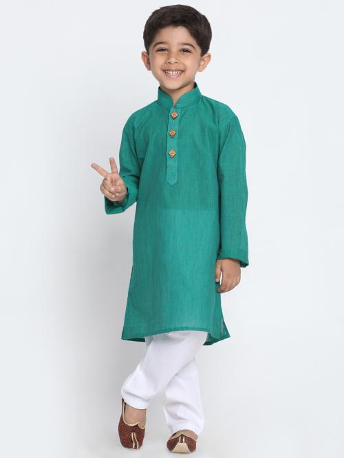 Vastramay Boys' Teal Green and White Pure Cotton Kurta Pyjama Set