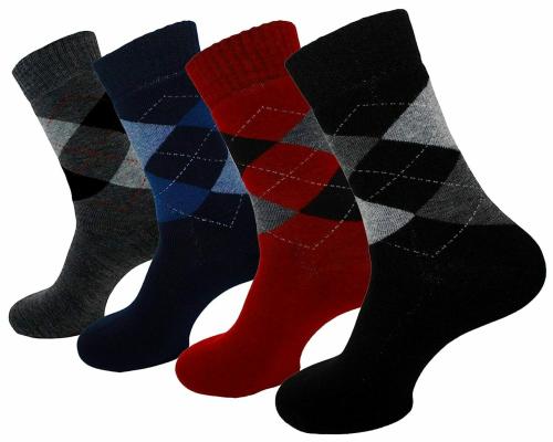 URFIT (Pack of 4 Men's premium designer woolen thick terry (towel) warm socks calf length (Free Size | multicolored| The British Argyle edition)