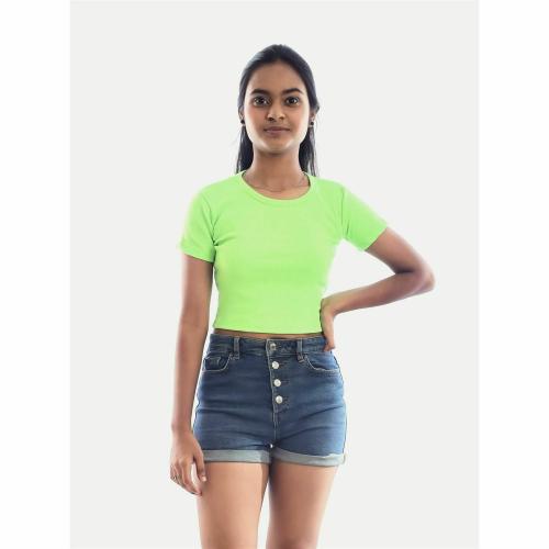Rad Prix Women Flourscent Green Cropped Crew Neck T shirts
