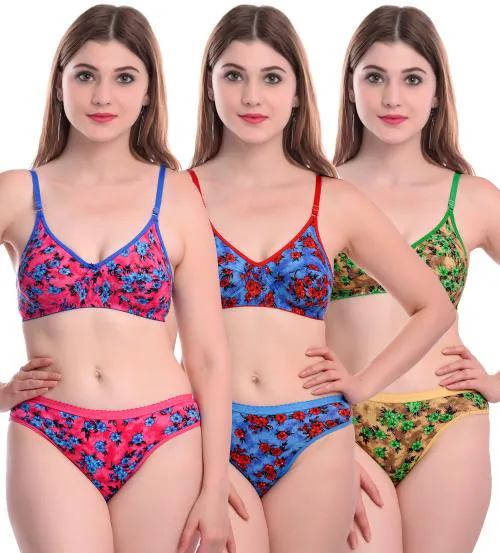 Aamarsh -Women Cotton Bra Panty Set for Lingerie Set ( Pack of 3 ) ( Color : Red,Blue,Brown )