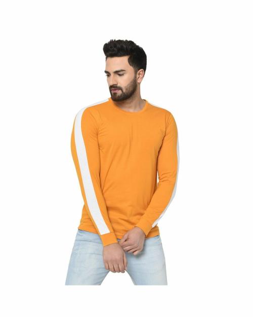 Buy Glito Striped Mustard & White Full Sleeves Round Neck Tshirts For