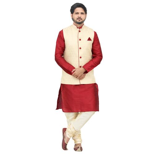 Om Shubh Mangalam Men's Silk Blend Red Kurta Golden Pajama With Golden Jacket