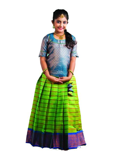 Shivangi AR17GR Girls Green Copper Strips Pattu Pavadai (9-10Y)