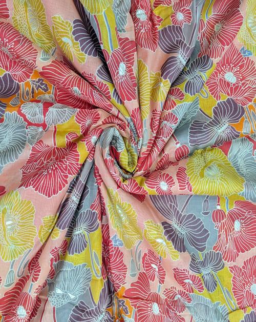 LCX Peach With Multi Color Florals Printed Muslin Fabric Material 2.5 Meter