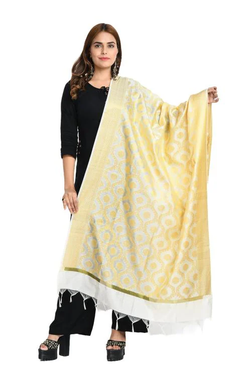Moeza Women Off White Silk Woven Design Banarasi Dupatta