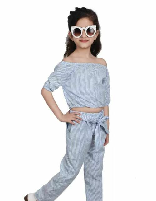 kidscuddles Baby Girl Striped Printed Off Shoulder Designer Crop Top and Trouser Set for Kids