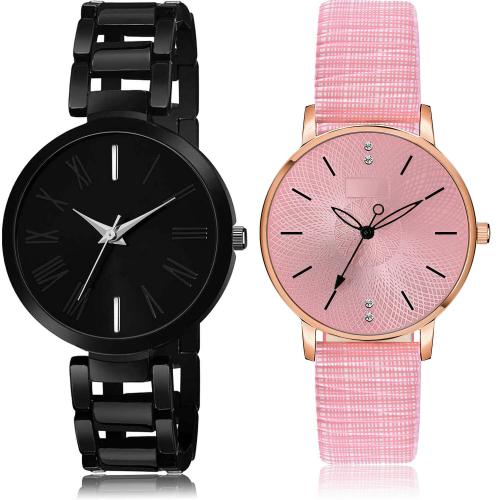 NEUTRON Latest Stylish Simple Chain And Girls Watch Black And Pink Colour Analog Metal And Genuine Leather Belt 2 Watch Combo For Women And Girls - G610-GM314