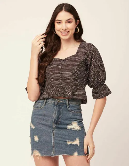 Buy Moomaya Women Short Top Sweetheart Neck Elbow Sleeves Crop Top