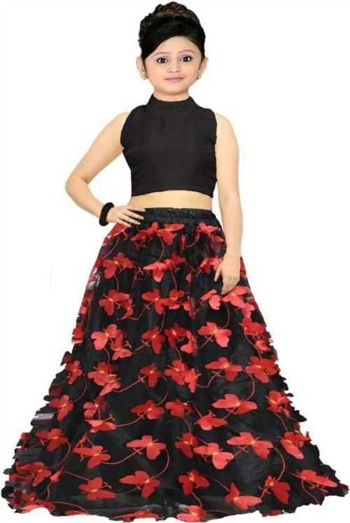 NIVUDI Girls Black Embellished Velvet, Net Lehenga and Crop Top (11 to 12 Years)