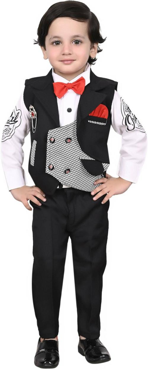 Kuwarsha Boys Black Self Design Cotton Blend Shirt With Waistcoat And Pant (3 - 4 Years)