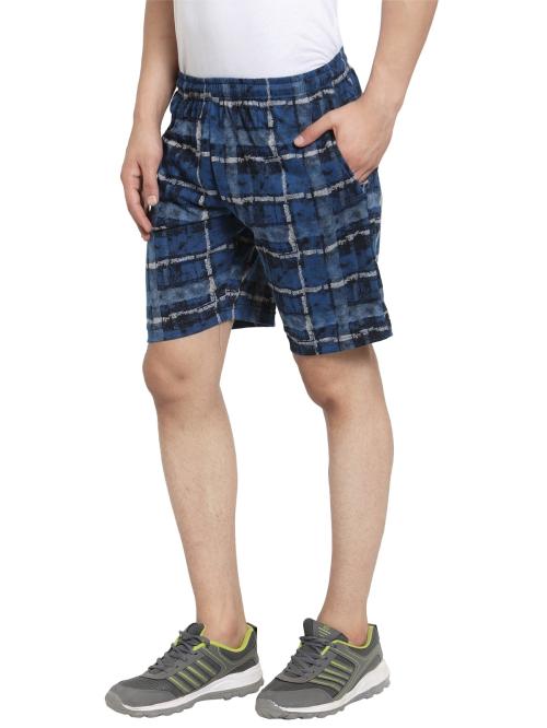 UZARUS Men's Cotton Bermuda Shorts With 2 Zippered Pockets BLUE SQUARE Printed Pattern Summer Style