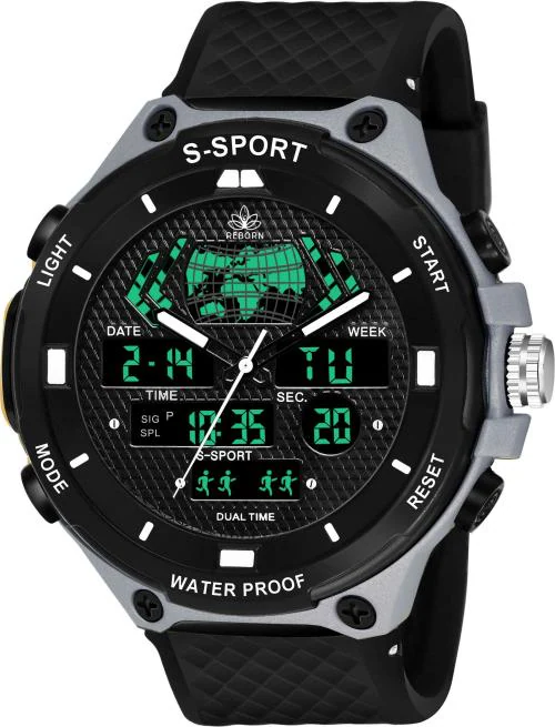 Reborn Alarm Chrono Waterproof Shockproof Outdoor Sports Analog-Digital Black Dial Black Textured Strap Watch for Men