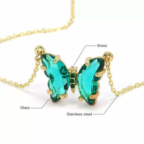 Pinapes Crystal Design Butterfly Necklace Green