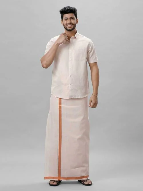 Ramraj Men Tissue Solid Spread collar Short sleeves Shirt and Dhoti Set.