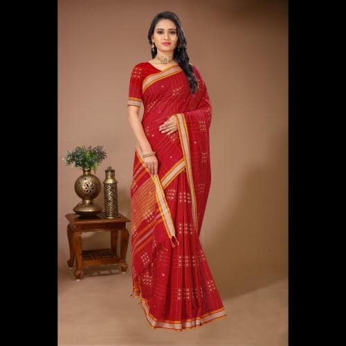 DORI DHAGA | Women's Cotton Printed Saree in Red with Golden Print and Unstitched Blouse Piece