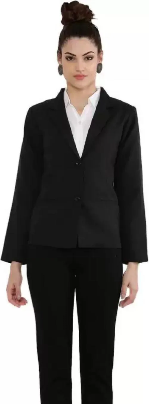 Women Solid Single Breasted Formal Blazer (Black)