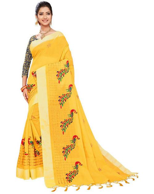 Shivansh Creation Women Yellow Animal Print Cotton Blend Saree