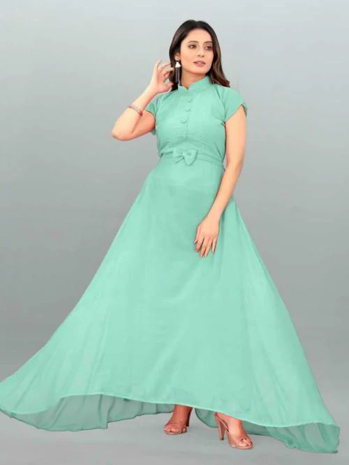 FEMVY Women Light Green Georgette A-line Gown Dress (M)